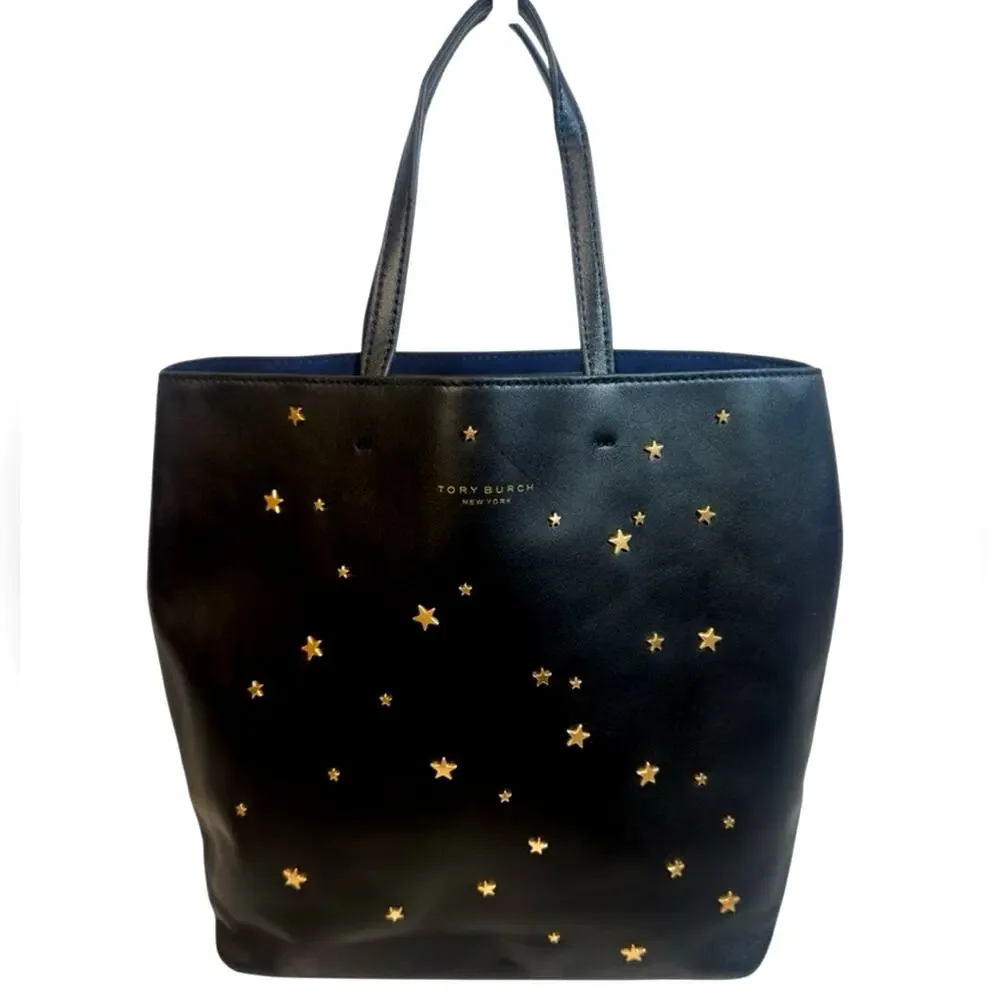 Tory Burch Black Leather Tote Bag with Gold Star Accents
